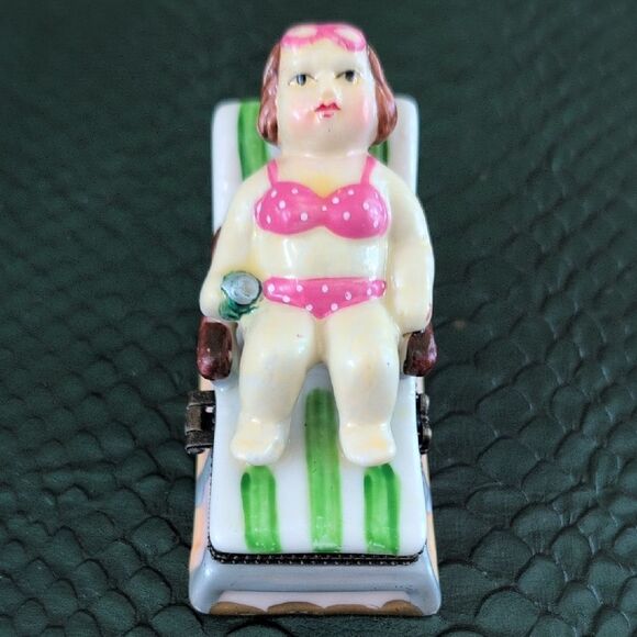 Whimsical Pink Polka Dot Bikini Figurine Trinket Box Pink Sunglass Trinket - Picture 2 of 8